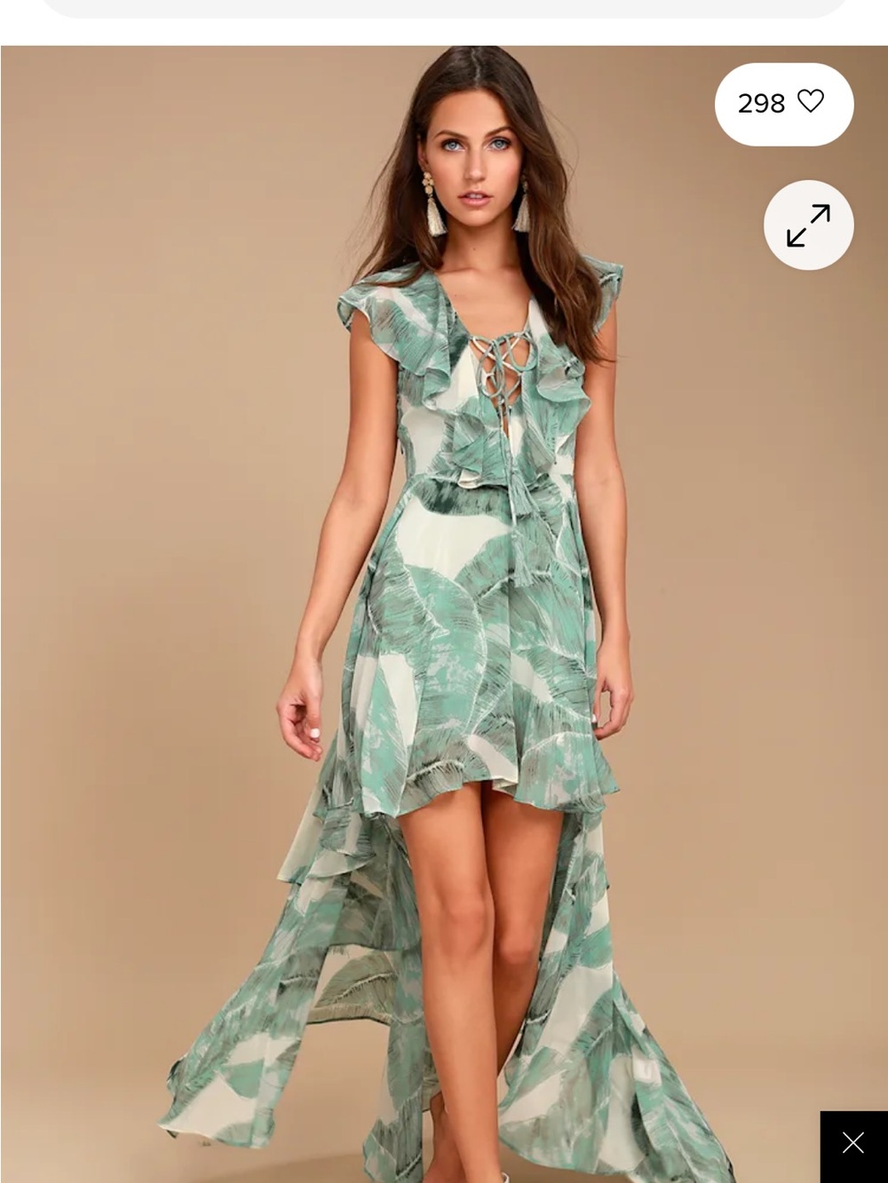 Lulus Green Leaf-Print Ruffle High-Low Dress